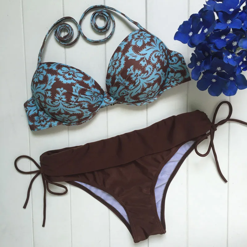 Бикини с завязками и разрезом коричневое винтажное принтом 2020 | Женская одежда