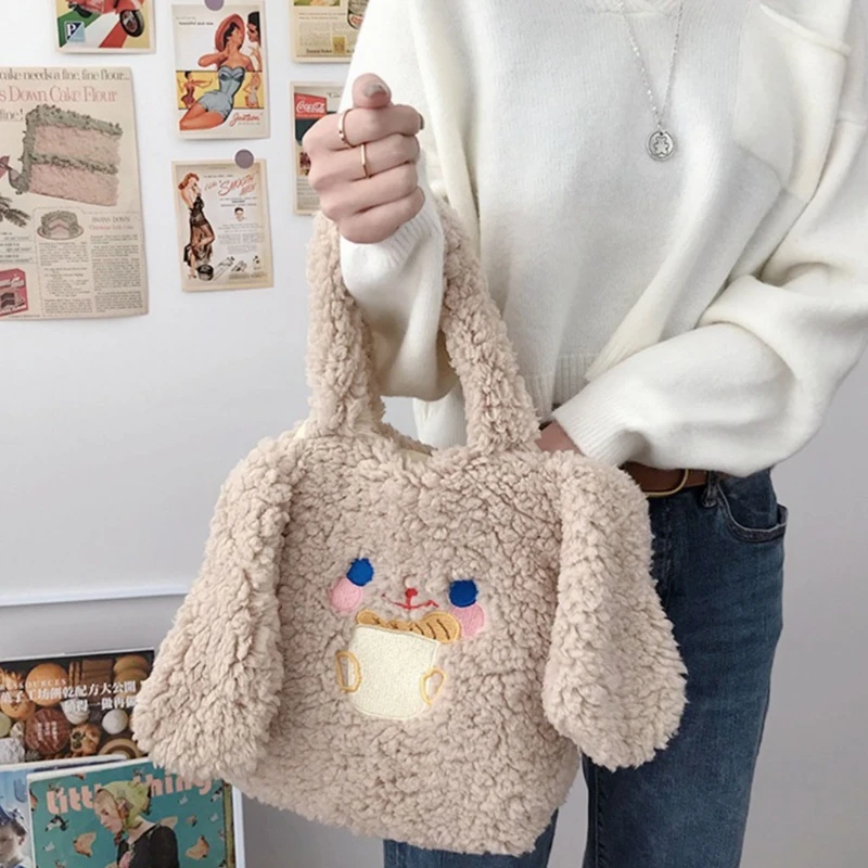 

Women Lamb like fabrics Handbag Big Ear Design Bucket Bag Shopping Bag Tote L9BE