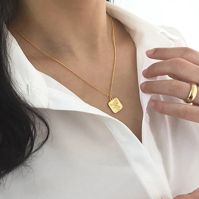 Kinel 925 Sterling Silver Rose Flower Pendant Jewelry European Retro Square Double Sided Embossed 18k Gold Plated Necklace Whole | Украшения