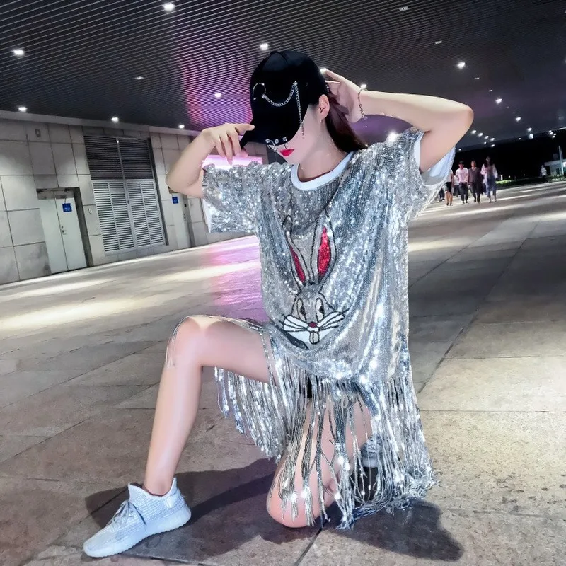 

Harajuku Cartoon Rabbit Beading Fringed T-Shirts Dress Sequins Tassels Long Short Sleeve Tees Dance Performance Gauze Crop Tops