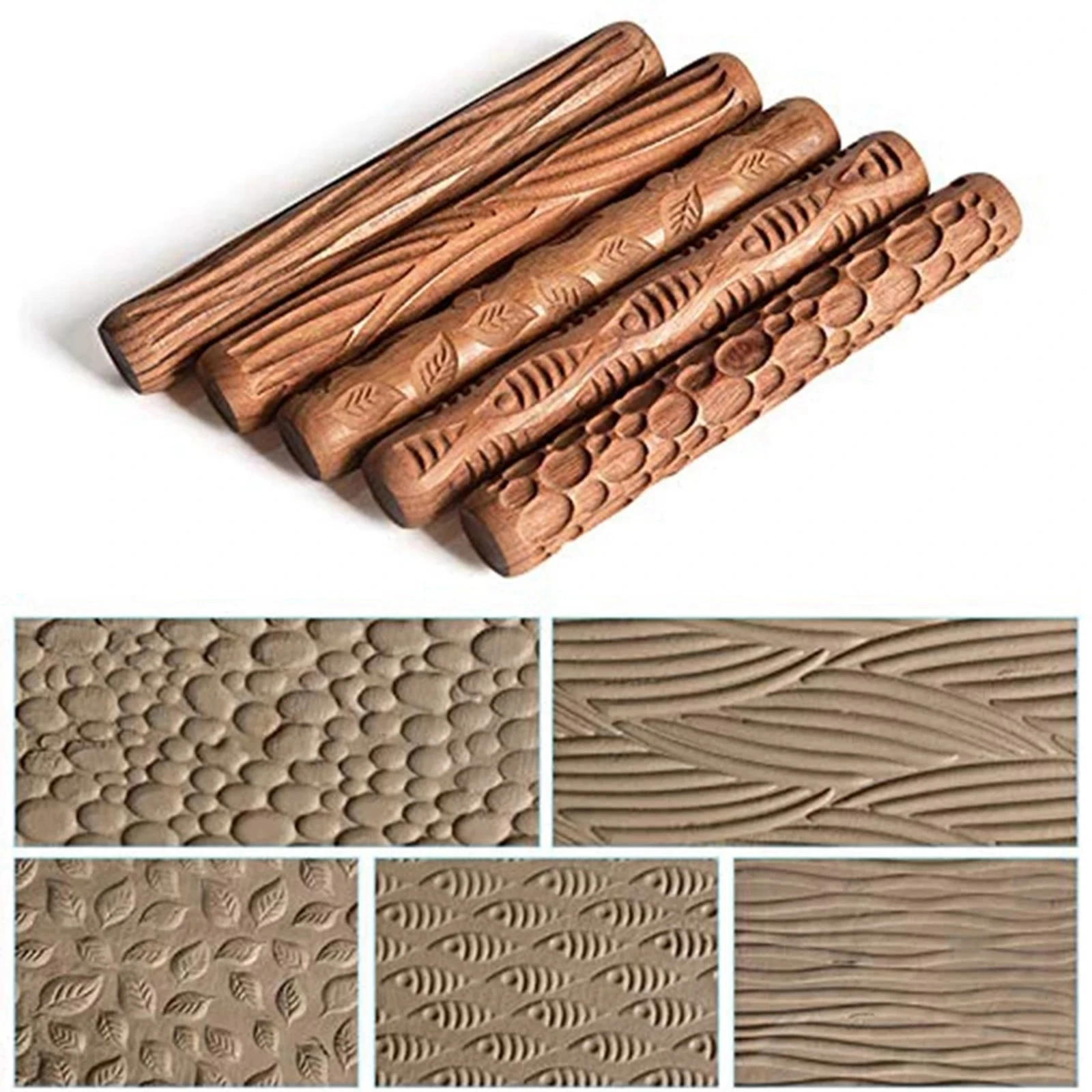 

5pcs Clay Modeling Pattern Rollers Kit Pottery Wooden Handle Tools Set with Fish, Patterns, Leaves, Cobblestone, Weave Sticks