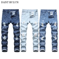 mens jean skinny casual slim fit straight ripped hole jeans dot printed designer pencil pants casual denim trousers fashion blue