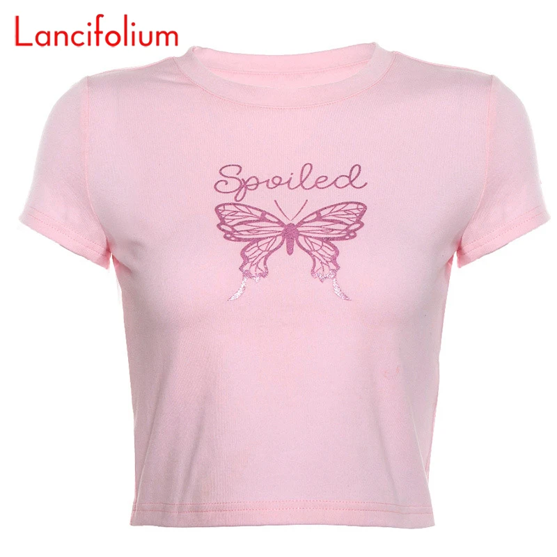 Sexy Pink Crop Top Women Summer Butterfly Graphic Letter T Shirt Ladies Baddie Egirl Tee Harajuku Cute Cropped 2020 | Женская одежда