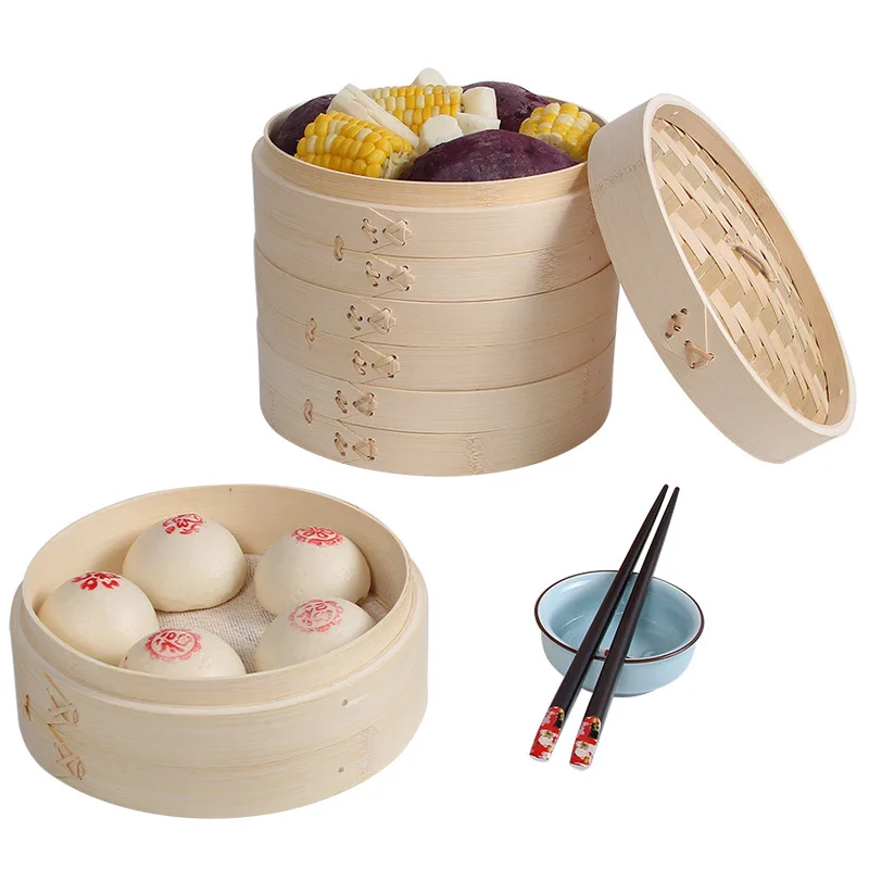 Three Cages One Cover Bamboo Steamer Snack Basket Set Kitchen Cooking Tools | Дом и сад