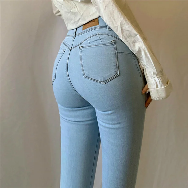 

SHZQ Women Stretch Slim Jeans High Waist Push Up Hips Elastic Cotton Blue Denim Pants Female Casual Trousers Plus Size