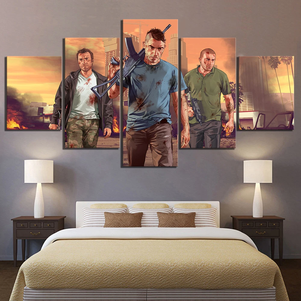 Модульный постер для домашнего декора картины с 5 панелями Grand Theft Auto Online Video Games