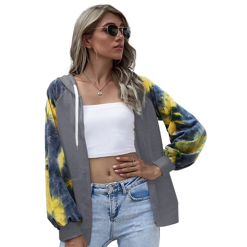 

Women Tie-Dye Patchwork Long Sleeve Jacket Drawstring Hoodie Color Block Sweatshirt Casual Loose Full Zip Up Outwear Coat with P