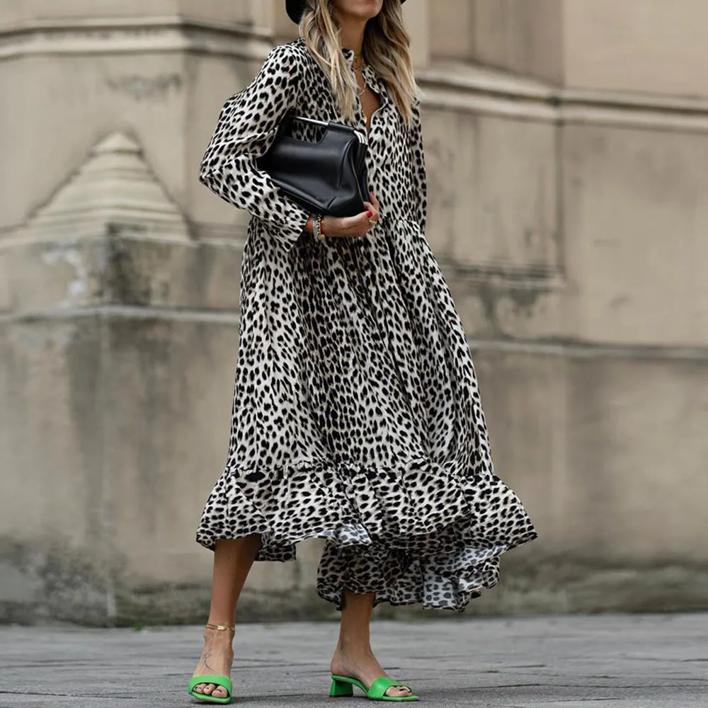 Леопардовое женское платье осенняя мода длинный рукав v образный вырез размера