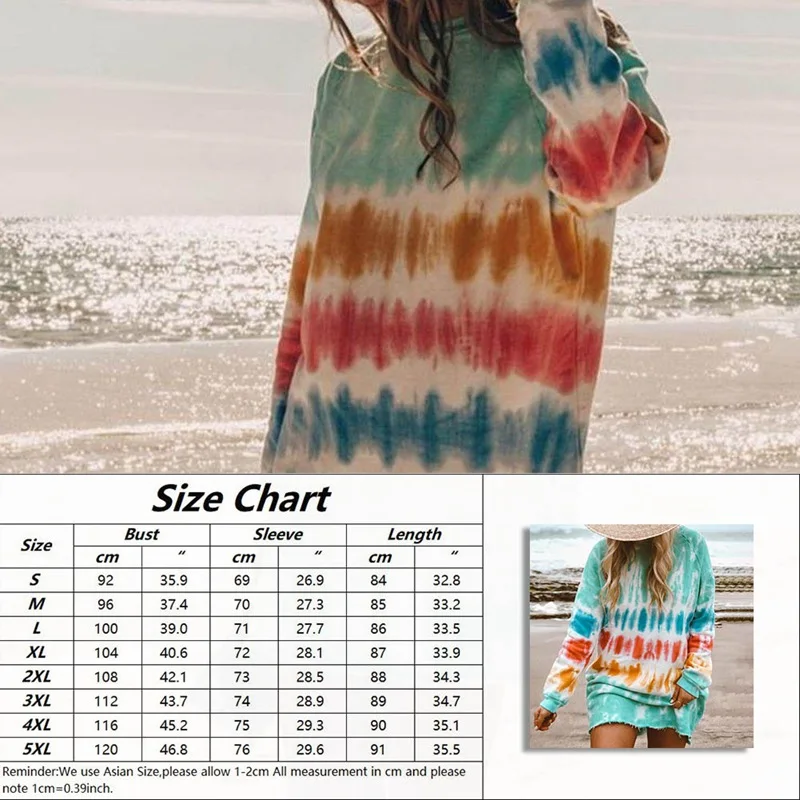 

New Casual Rainbow Tie Dye Print Sweatshirt Dress for Women Long Sleeve O-Neck Mini Dress Female Loose Straight Dress S-5XL