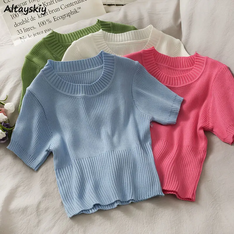

Pullovers Sweaters Women Candy Color Knitted Slim Short Sleeve Simple Lady Students O-neck All-match Korean Style Female Tops