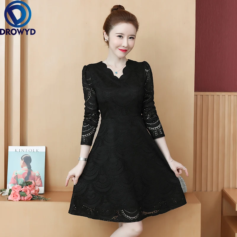 

Женское винтажное платье с кружевом, черное или синее платье с длинным рукавом и V-образным вырезом, повседневное и вечернее платье, 2021
