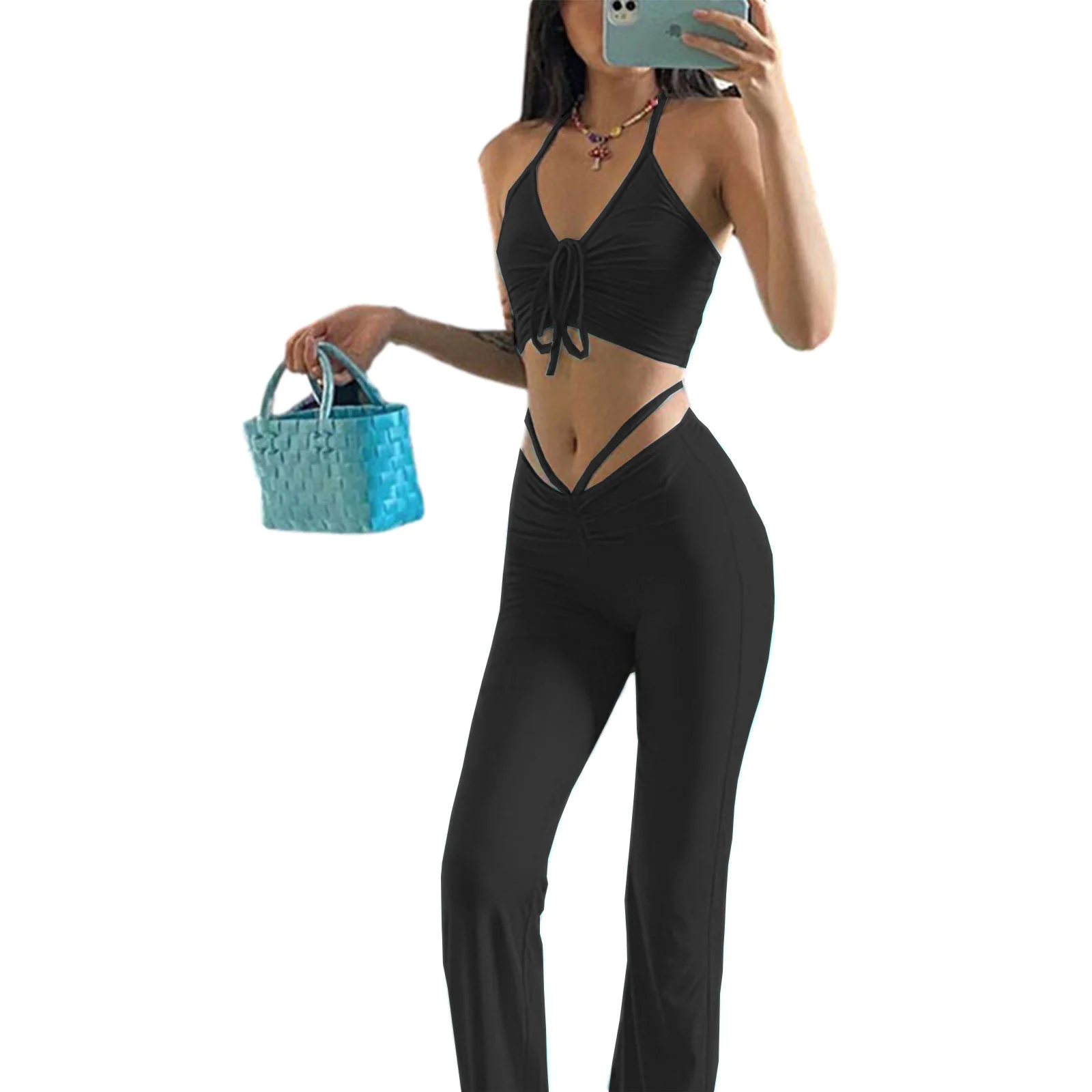 

Женский однотонный комплект одежды, укороченный топ на шнуровке без рукавов + расклешенные брюки с высокой талией