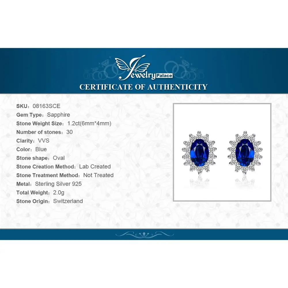 

JewelryPalace Diana Created Blue Sapphire Stud Earrings 925 Sterling Silver Earrings for Women Korean Earings Fashion Jewelry