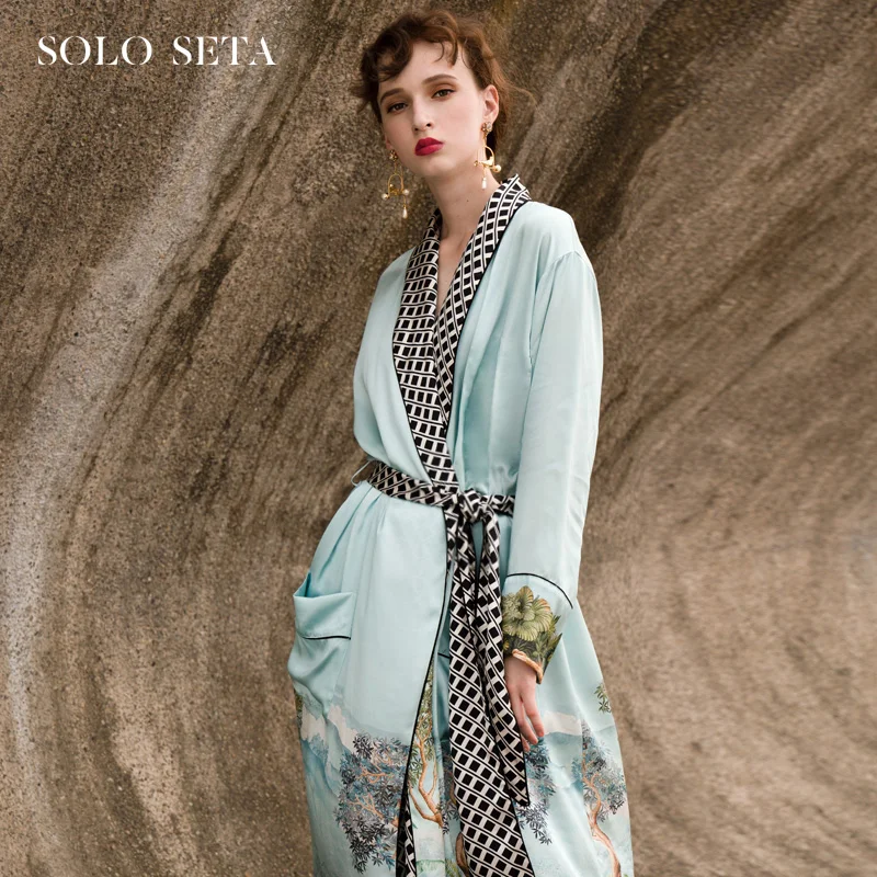 

★Soloseta heavy silk nightgown women's long 100% mulberry silk can be worn out for home wear pajamas lace up bathrobe