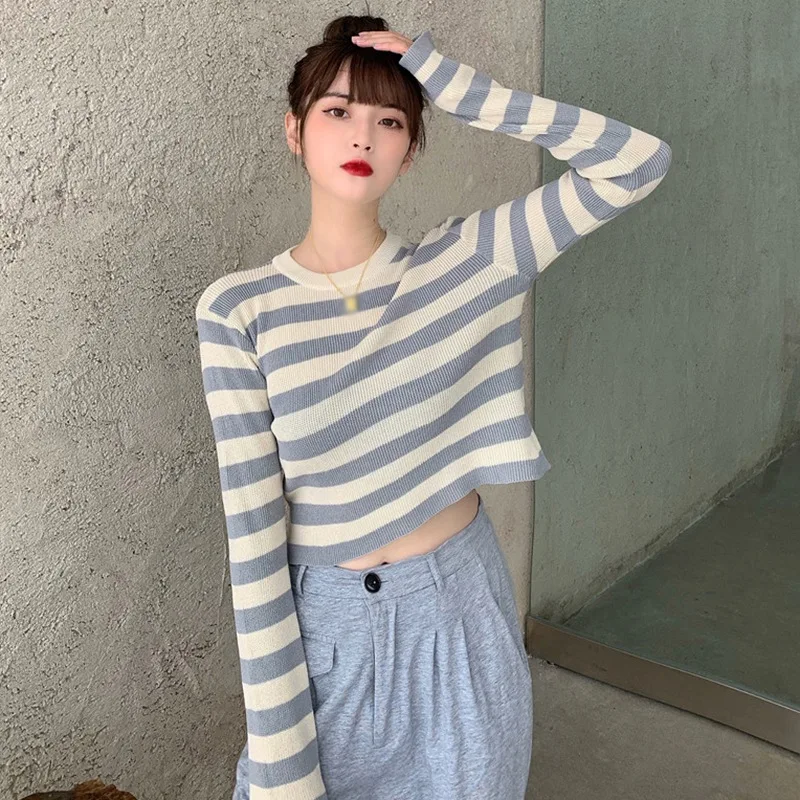 

Pullover Stitching Striped Sweater Autumn Women Thin Long Sleeve Short Tops Korean Style Knitted Bottoming Pullover