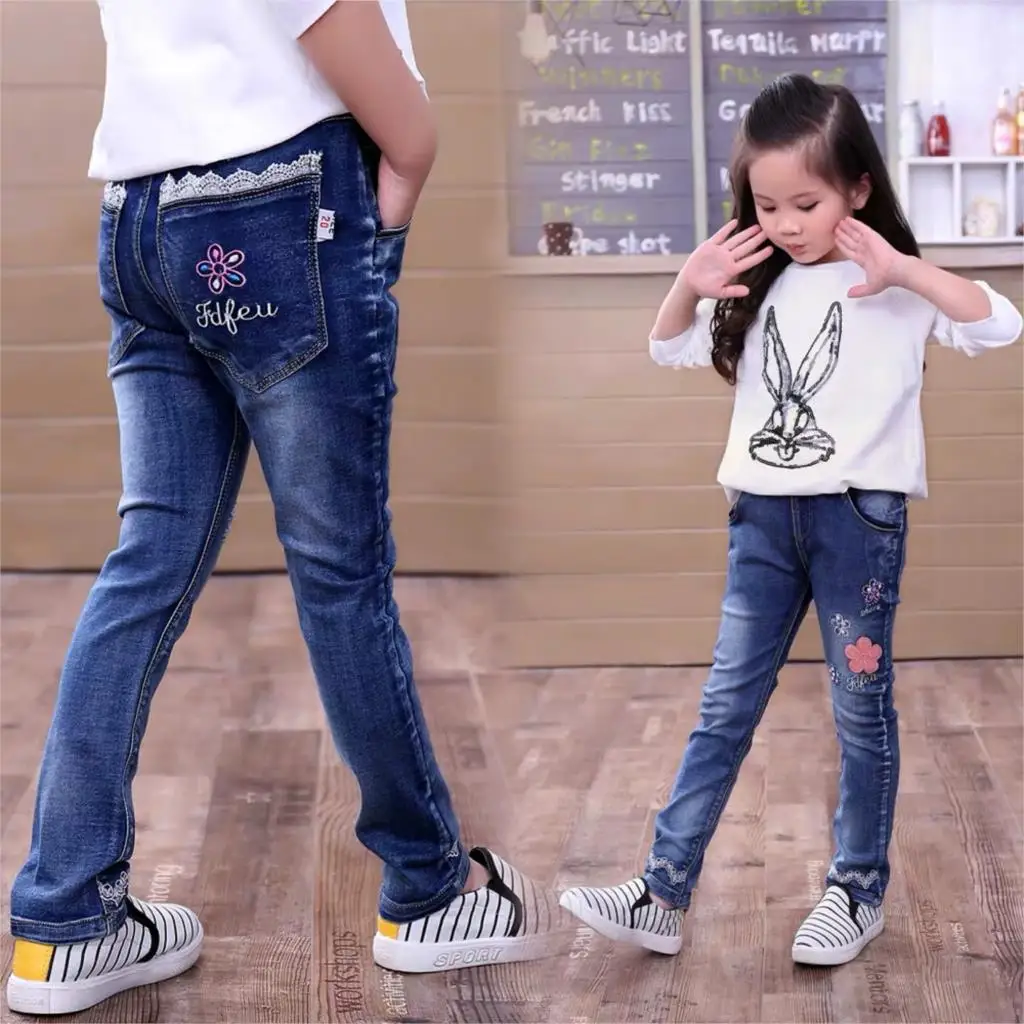 

Джинсы для девочек-подростков, джинсы с мультяшным рисунком, с эластичным поясом, брюки-скинни для детей и подростков, 4-12 лет, весна-осень