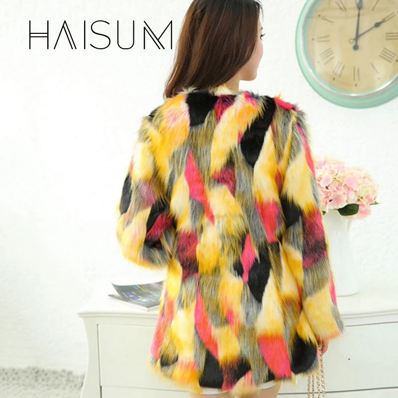 Женское пальто из искусственного меха зимнее теплое смешанных цветов лисьего с