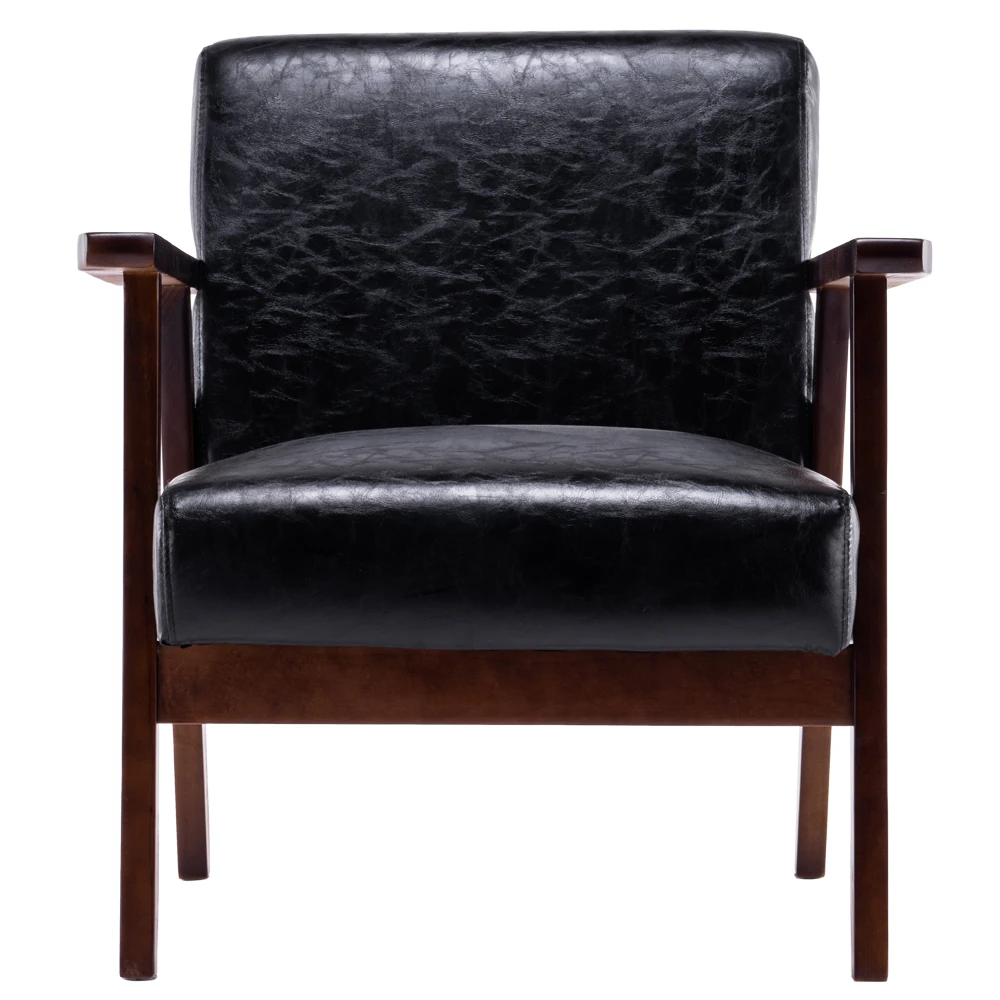 

【USA READY STOCK】(64 x 59 x 71cm) Simple PU Oil Wax Wood Armrest Single Sofa Walnut Black PU beautiful sofa