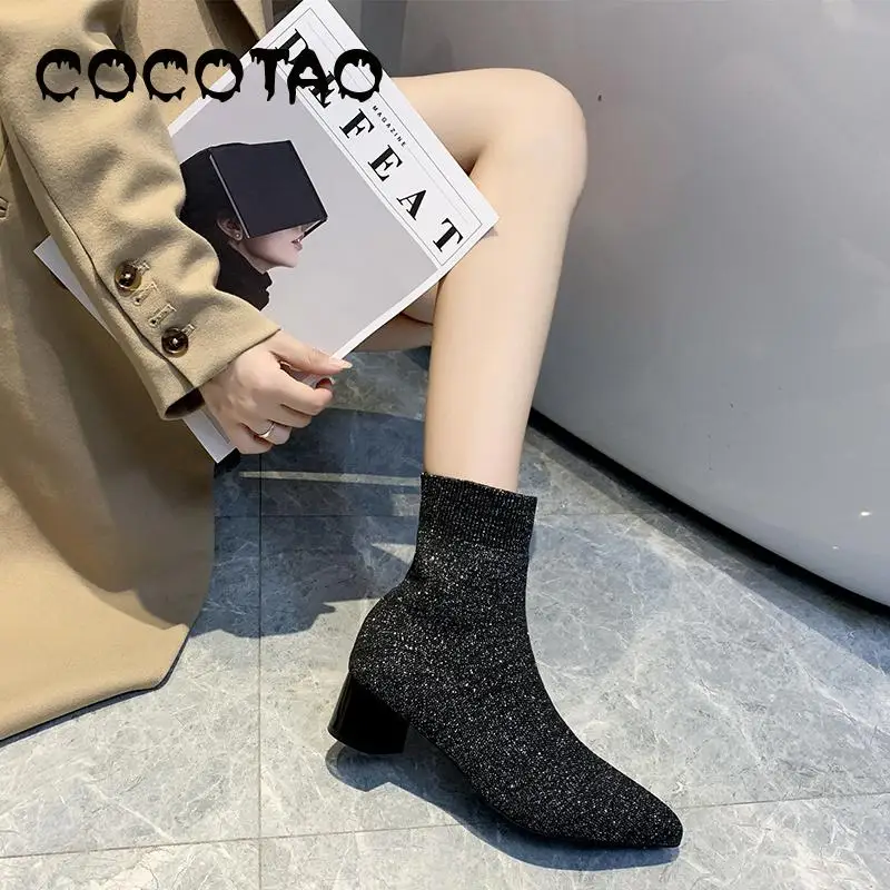 Ботинки женские весенне-осенние однотонные новинка 2019 вязаные эластичные