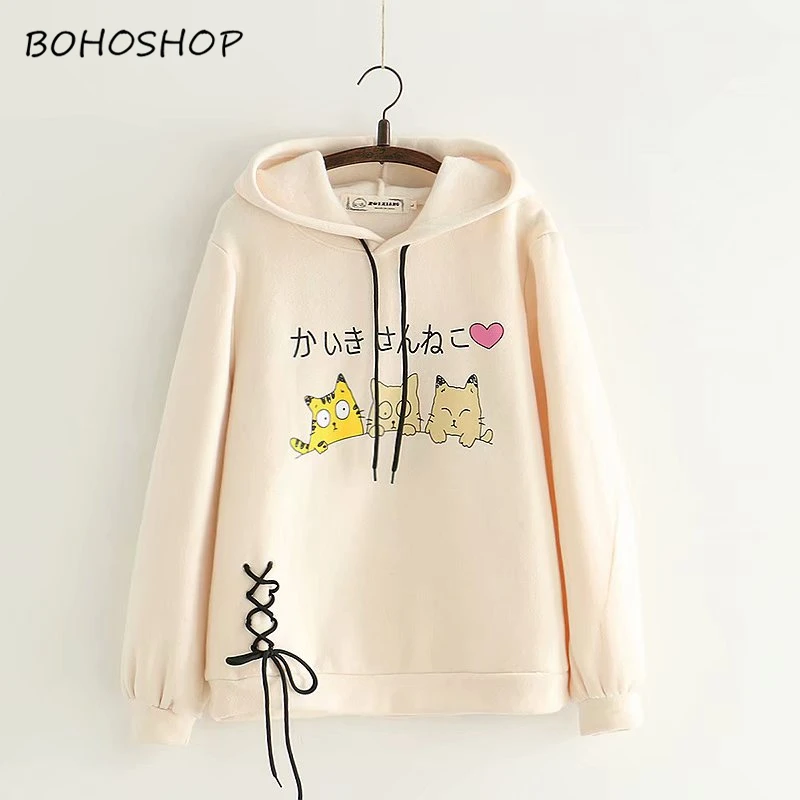 Harajuku kawaii женский милый кашемировый пуловер с 3 забавными котами и длинным рукавом, худи из хлопка с капюшоном, свободные толстовки для женщин