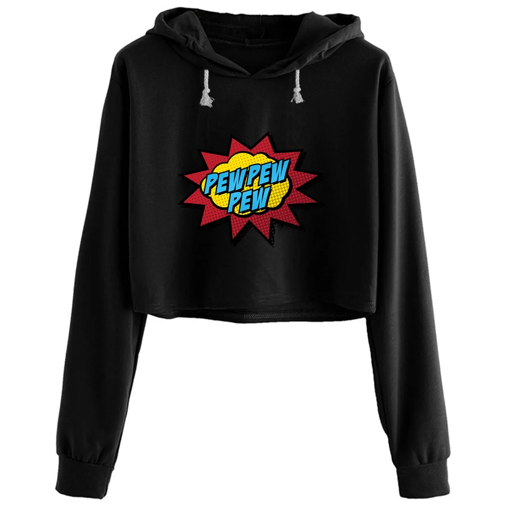 

Pew Pew Pew Crop Hoodies Women Kpop Korean Y2k Kawaii Pullover For Girls
