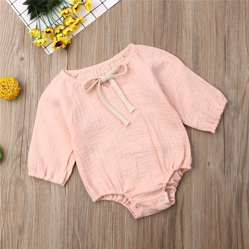 Мягкие боди из хлопка и льна для новорожденных маленьких девочек однотонные