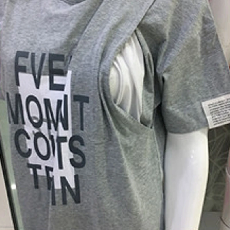 

Длинная стильная серая футболка для кормления с коротким рукавом и буквенным принтом Одежда для беременных Топ для беременных женщин 1911