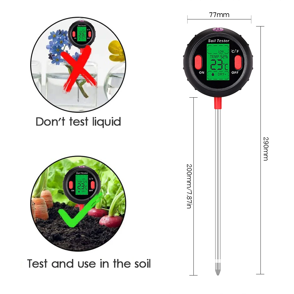 

5-in-1 Digital Soil pH Meter Moisture Meter PH Levels Temperature Sunlight Intensity Humidity Tester Large Backlit LCD Display