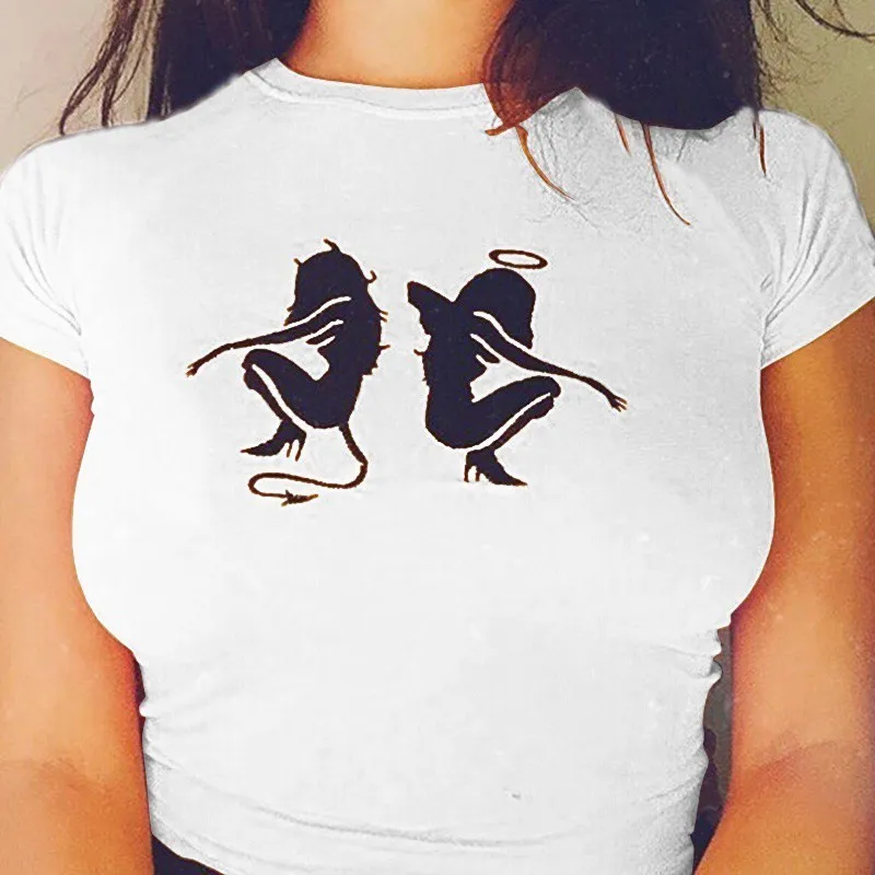 

Angel and devil Women Fashion Sayings Print Short Sleeve T Shirts Summer Casual O Neck Slim Fit Graphic grunge art Tee-J110