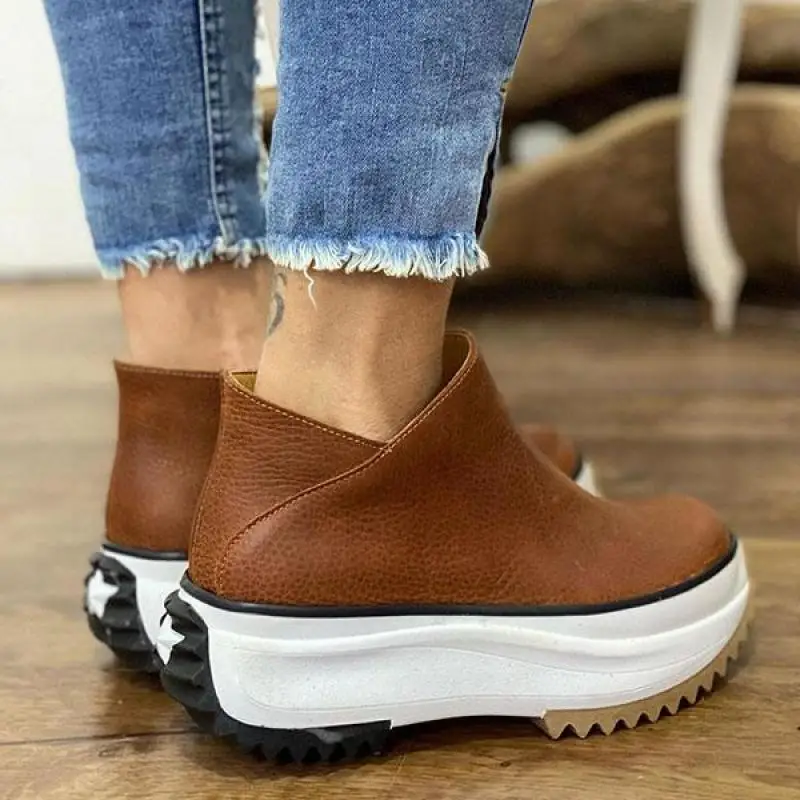 

New Women's Ankle Boots Round Toe Side Zipper Platform Flat Shoes Ladies High Top Vulcanize Shoes Solid Color Female Short Boots