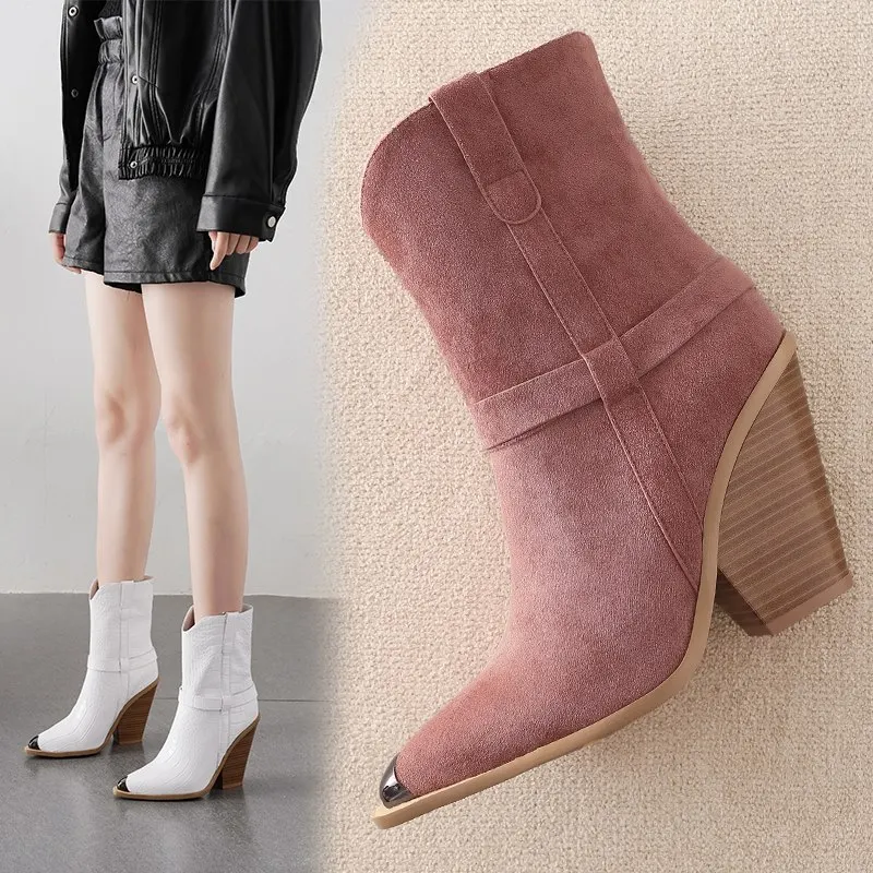 

Plus size 33-46 New 2020 women boots thick high heels slip on ankle boots pointed toe autumn winter shoes female western boots