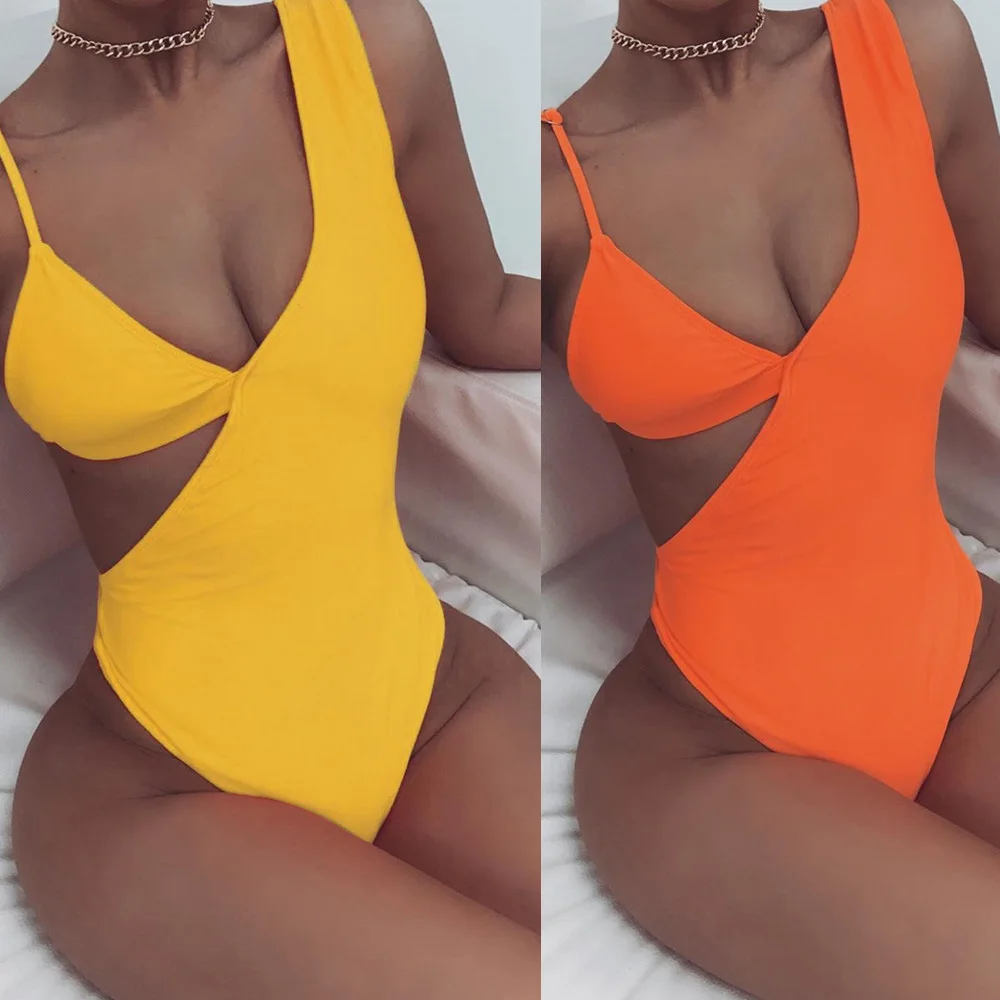 

New Summer Bikini One In One Solid Color Triangle Cup Sexy Open Back High Waist Burst Women's Swimsuit