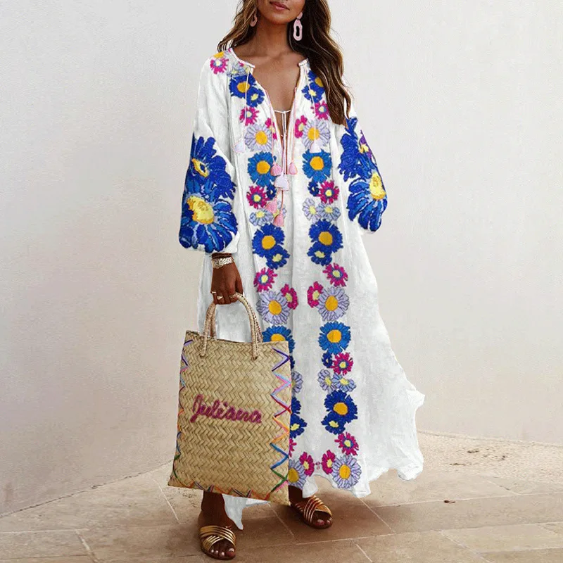 

Spring and Autumn New V-neck Long Sleeve Printed Long Loose Dress strawberry dress white dress birthday dress for women