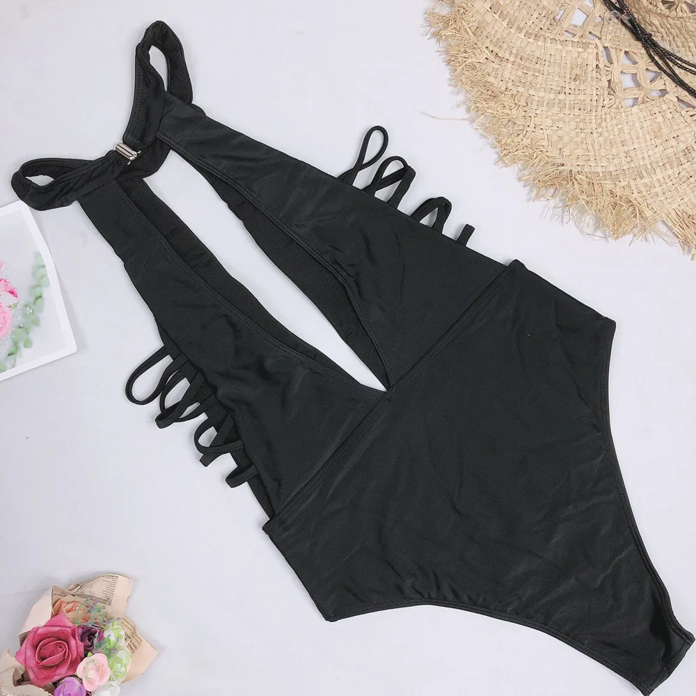

Storyever Women Swimwear Solid Color DeepV Sexy One-Piece Swimsuit Halter Bandage Hollow Out Leaky Back Bikini Set