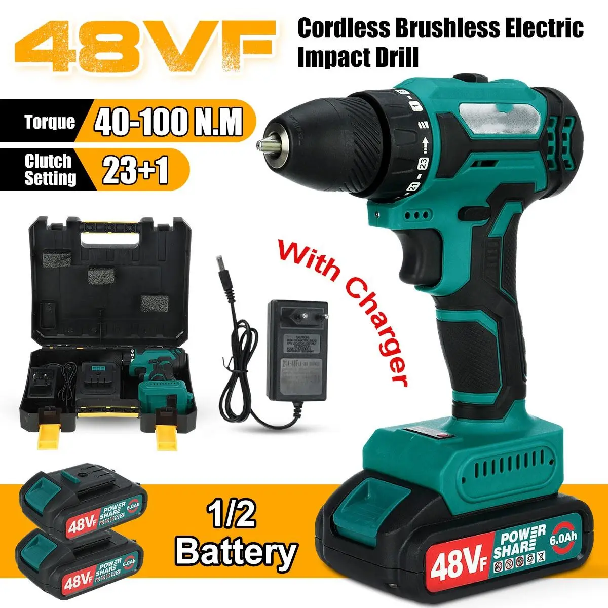 

48VF Cordless Brushless Electric Impact Drill Cordless Rotary Hammer Drill Screwdriver with 1/2 Battery Kit 23+1 Torque 10mm