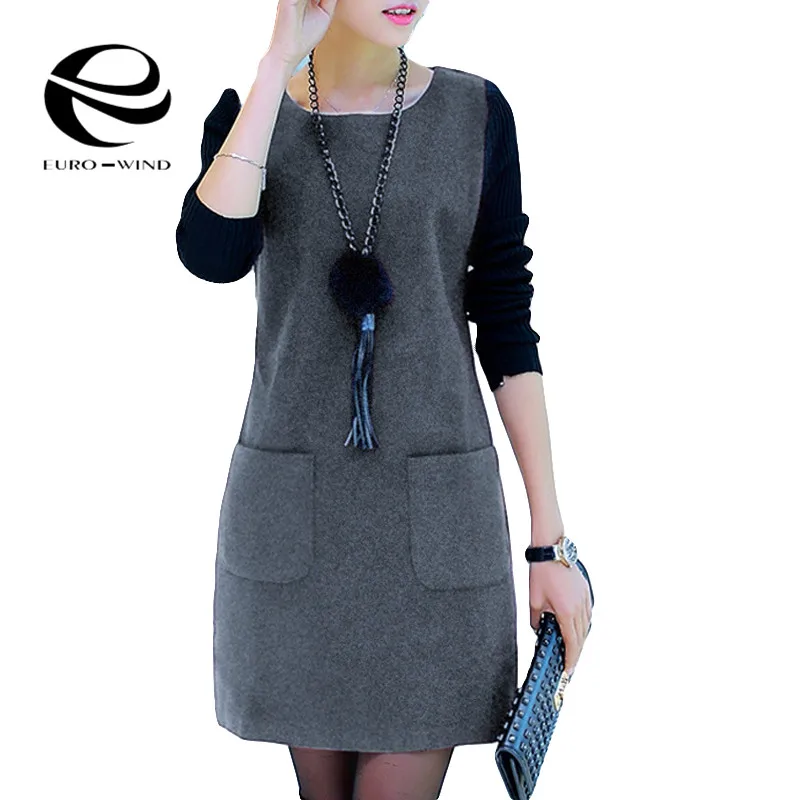 2019 женское платье с имитацией двух частей пуловер круглым вырезом и длинными