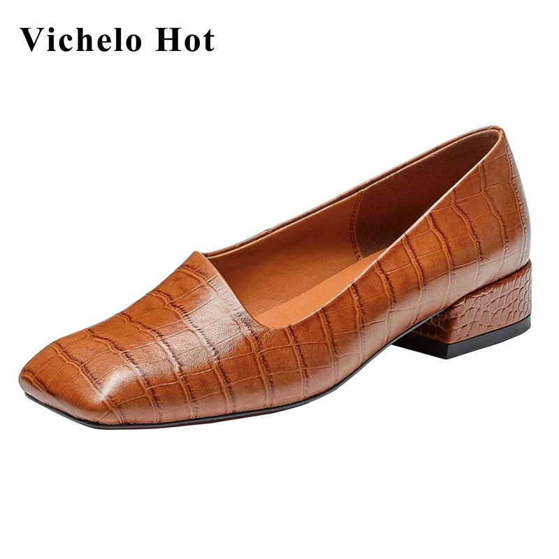 

Vichelo Hot simple style Korean street pretty girls daily wear shoes genuine leather square toe low heel cozy women pumps L12
