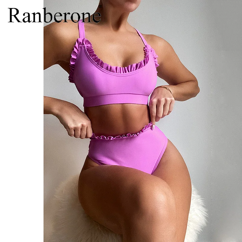 

Комплект бикини Ranberone с оборками и высокой талией, женский купальный костюм, женская одежда для плавания, комплект бикини пуш-ап из двух пред...