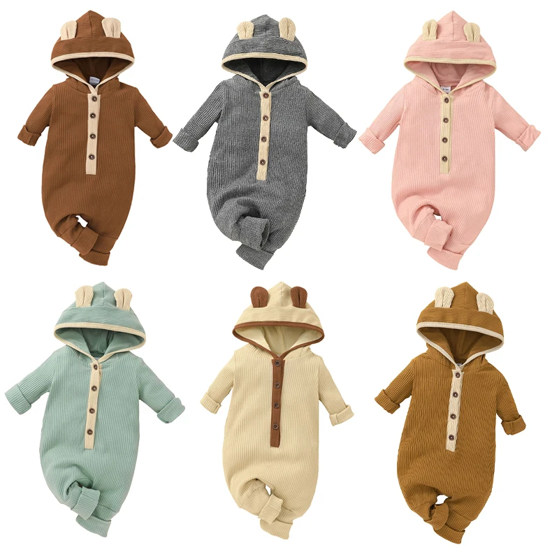 

6 Color Winter Baby Hooded Romper Solid Color Long Sleeves Newborn Boy Jumpsuit Infant Girl Toddler Clothes Casual Home Clothing