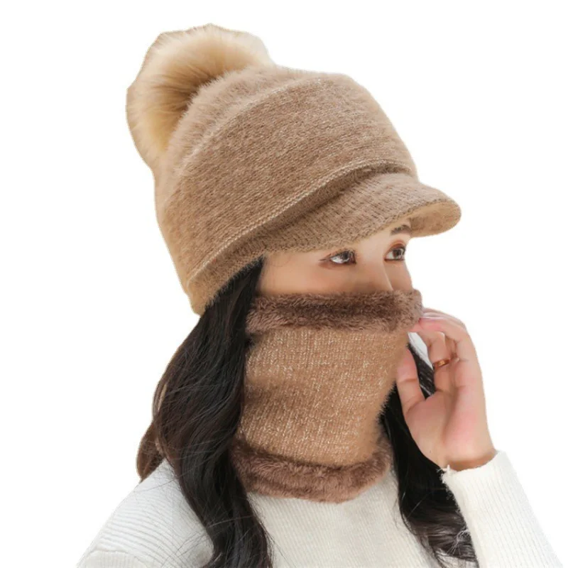 

Hat Riding Cap Bib Two-piece Female Winter Woolen Cap Set Cap Warm Knitted Hat Face Mask