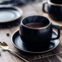 ceramic coffee cup and saucer black pigmented porcelain tea cup set with stainless steel 304 spoon