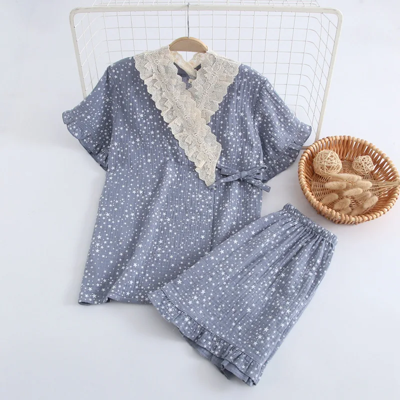 

Short-sleeved Shorts Suit Pajamas Kimono Japanese Ladies Home Service Suit Cotton Sweat-absorbent Summer Thin Section Yukata