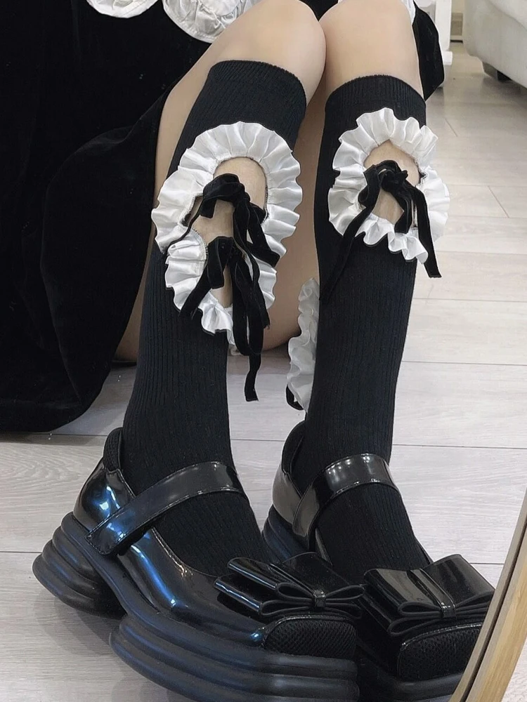 

Женские носки ручной работы в готическом стиле, носки в стиле панк в стиле "Лолита", с ремешком и вырезами, женские сексуальные носки с кисточ...