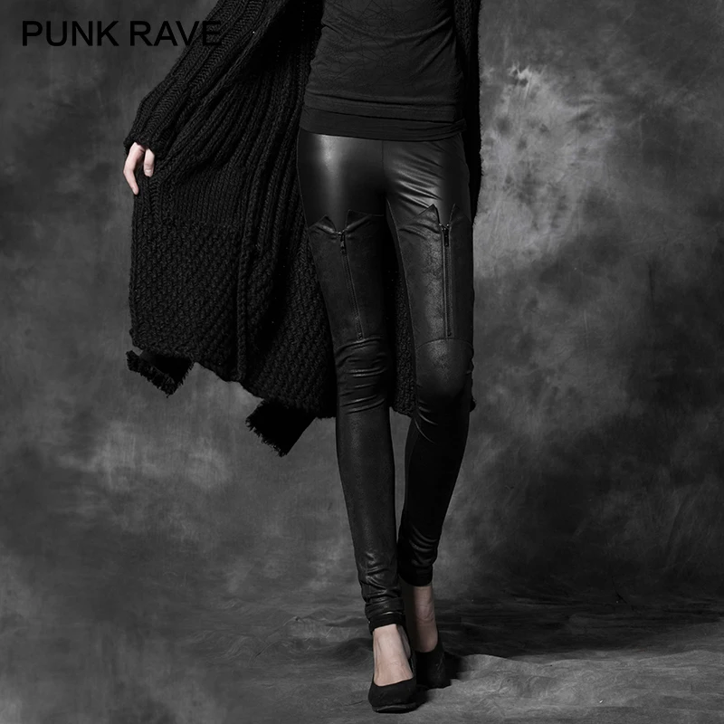 PUNK RAVE Punk Rock Crack Grain Fabric Leather Pants Steampunk Gothic Black Women Stretch Tights Female Elastic Trousers Capris | Женская
