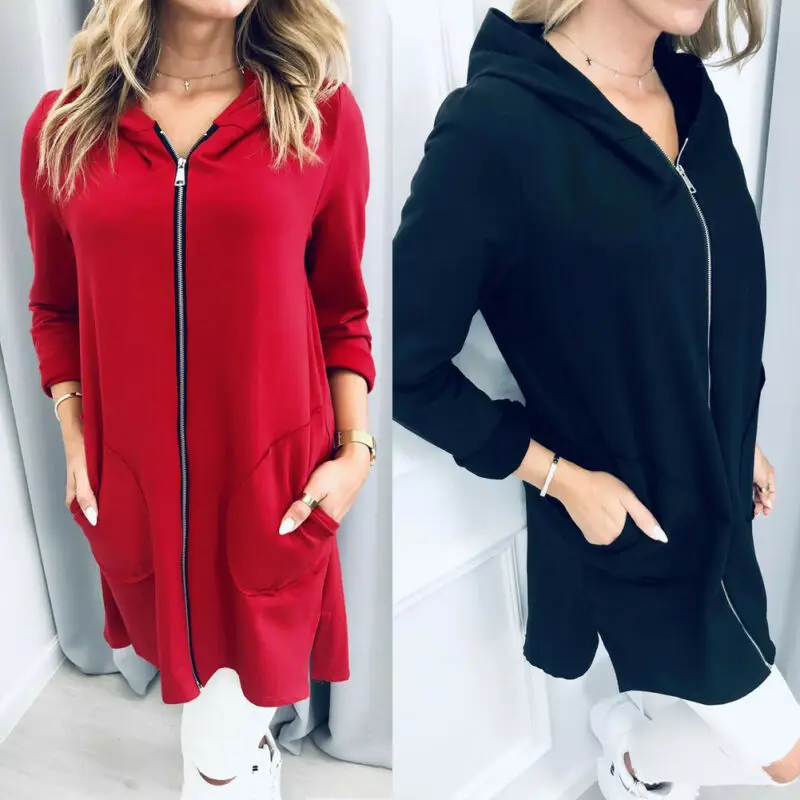 2019 Winter Women Plain Hoodie Fleece Sweatshirt Hooded Coat Sports Zip up Jacket Outwear Long Sleeve Black Red | Женская одежда
