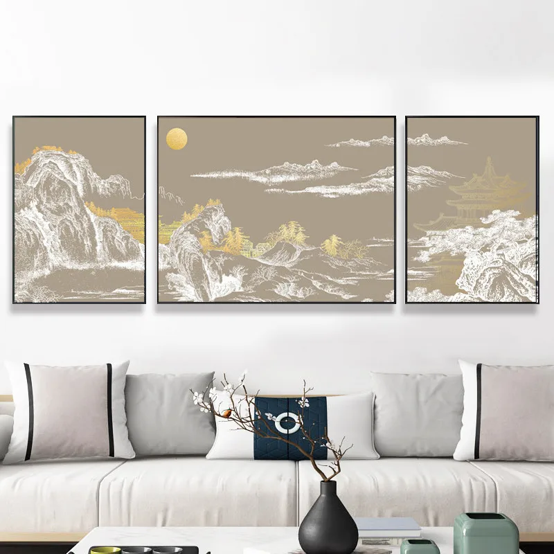 

3pcs Abstract Chinese Golden Landscape Building Wall Art Canvas Painting Poster Pictures Print For Living Room Home Office Decor
