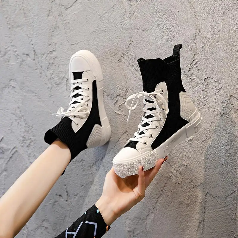 

Timalina Women Boots Street Trendsetter Mesh Causal Socks Shoes Male Hip-hop Punk Shoes Round Toe Casual Slip-on Cotton Fabric