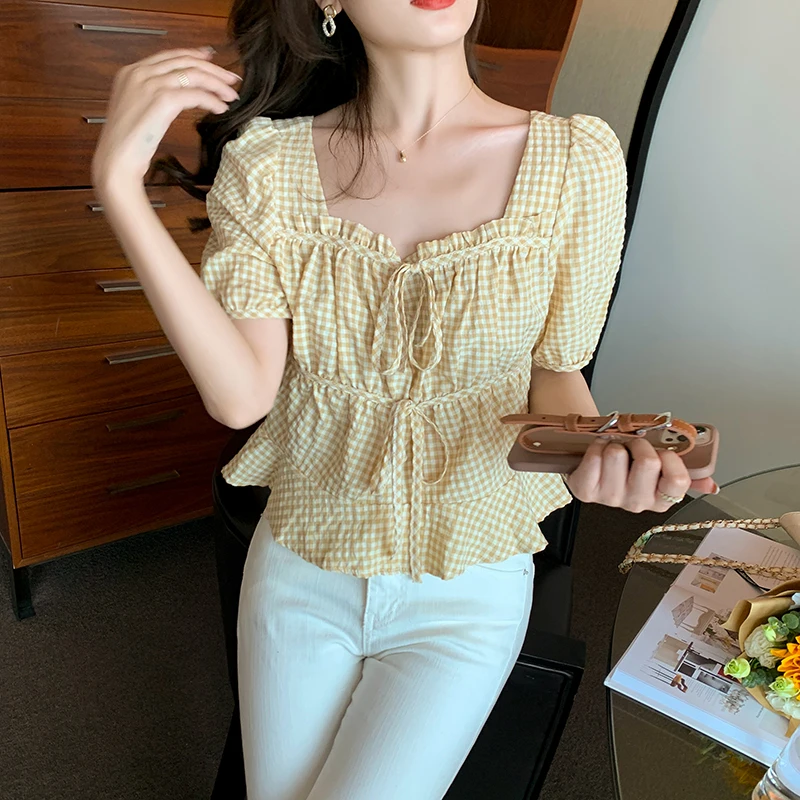 

Korean Women's Shirt Chiffon Blouses for Women Short Sleeve Shirt Female Top Grid Square Neck Blouse Female Woman Frenulum Shirt