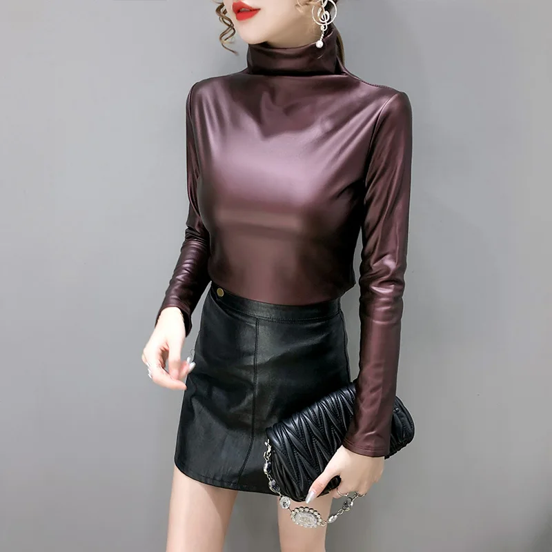 

Pu avec T-shirt a manches longues et col haut pour slim, nouvelle collection automne et hiver