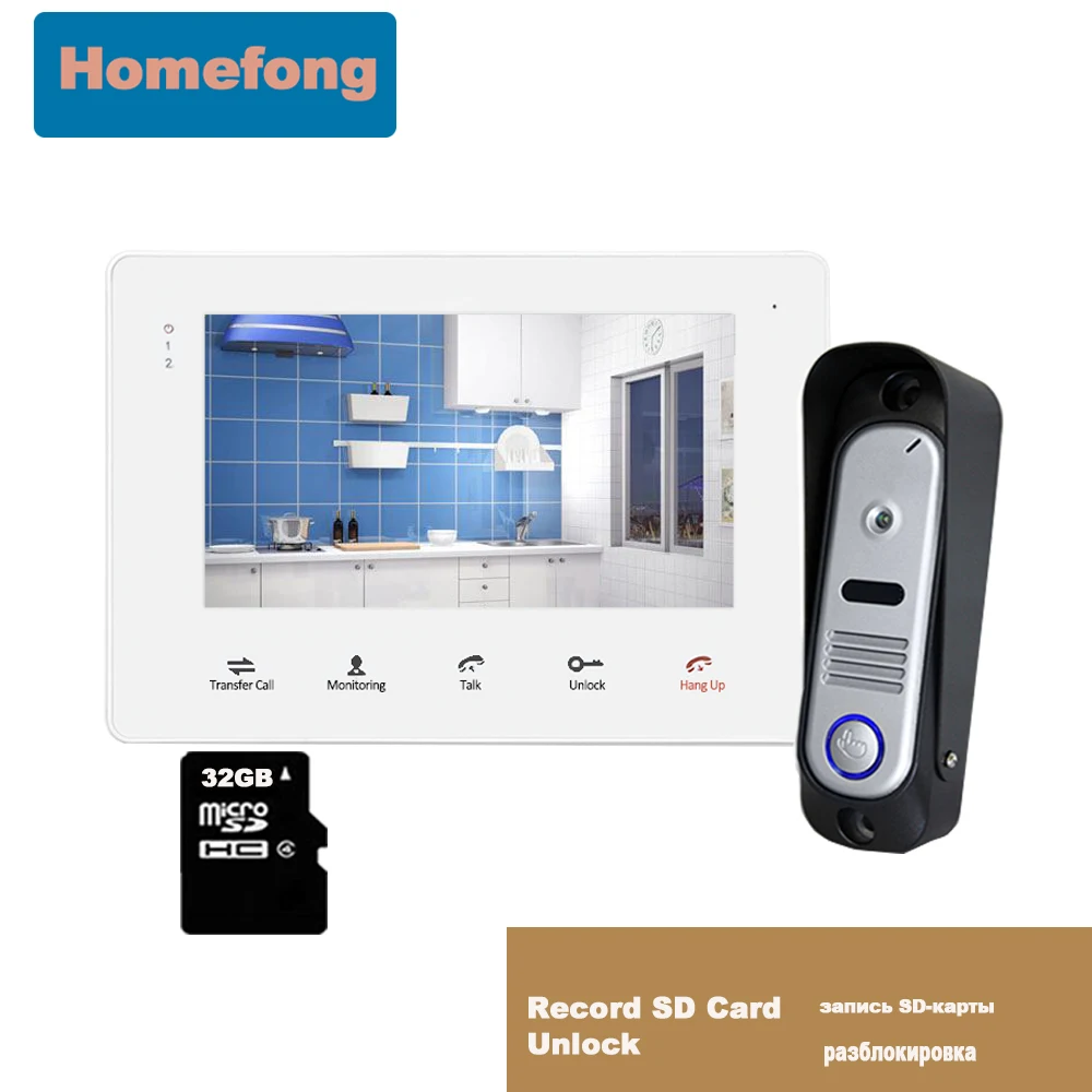 

Homefong 7 Inch Record Video Intercom System for Home Talk Video Door Phone Doorbell Outdoor Call Panel SD Card Unlock Night